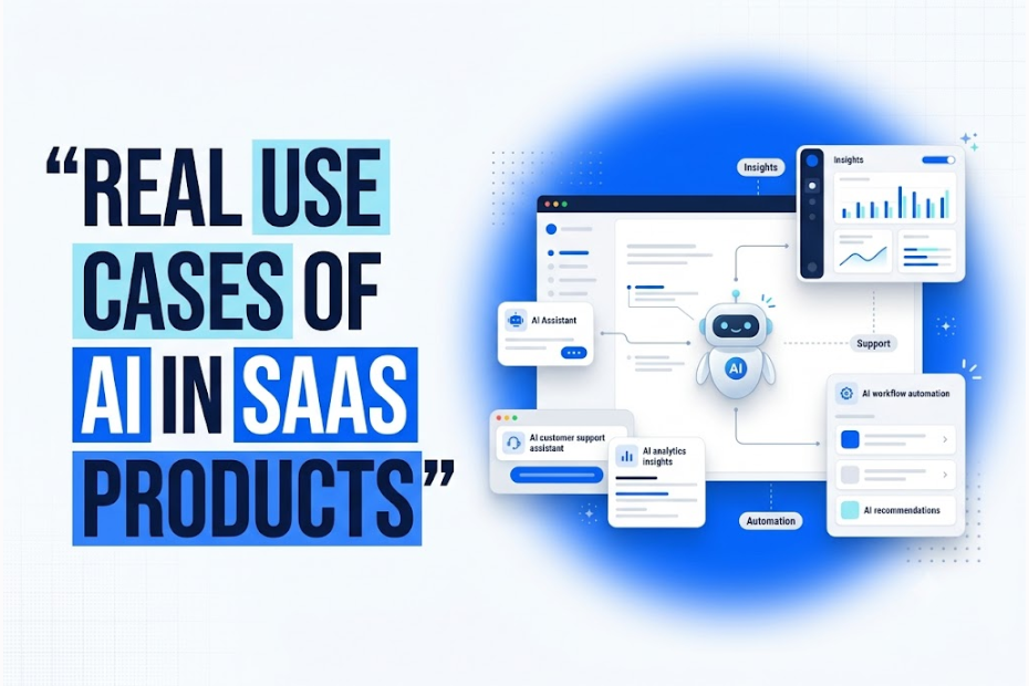 AI in SaaS products graphic showing AI assistants, automation workflows, analytics dashboards, and smart features improving SaaS experiences.